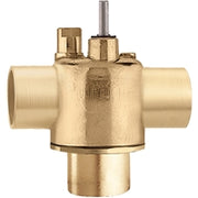 Brass 3-way valve body with 1/2" NPT connections and manual actuator stem.