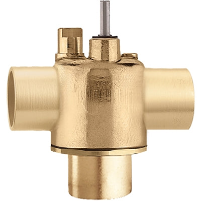 Brass 3-way valve body with NPT connections and manual stem on top.