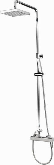 Stainless steel wall-mounted shower system with rectangular overhead showerhead, vertical pipe, hand spray, and thermostatic 