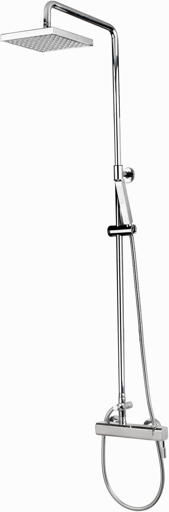 Stainless steel wall-mounted shower system with rectangular overhead showerhead, vertical pipe, hand spray, and thermostatic 