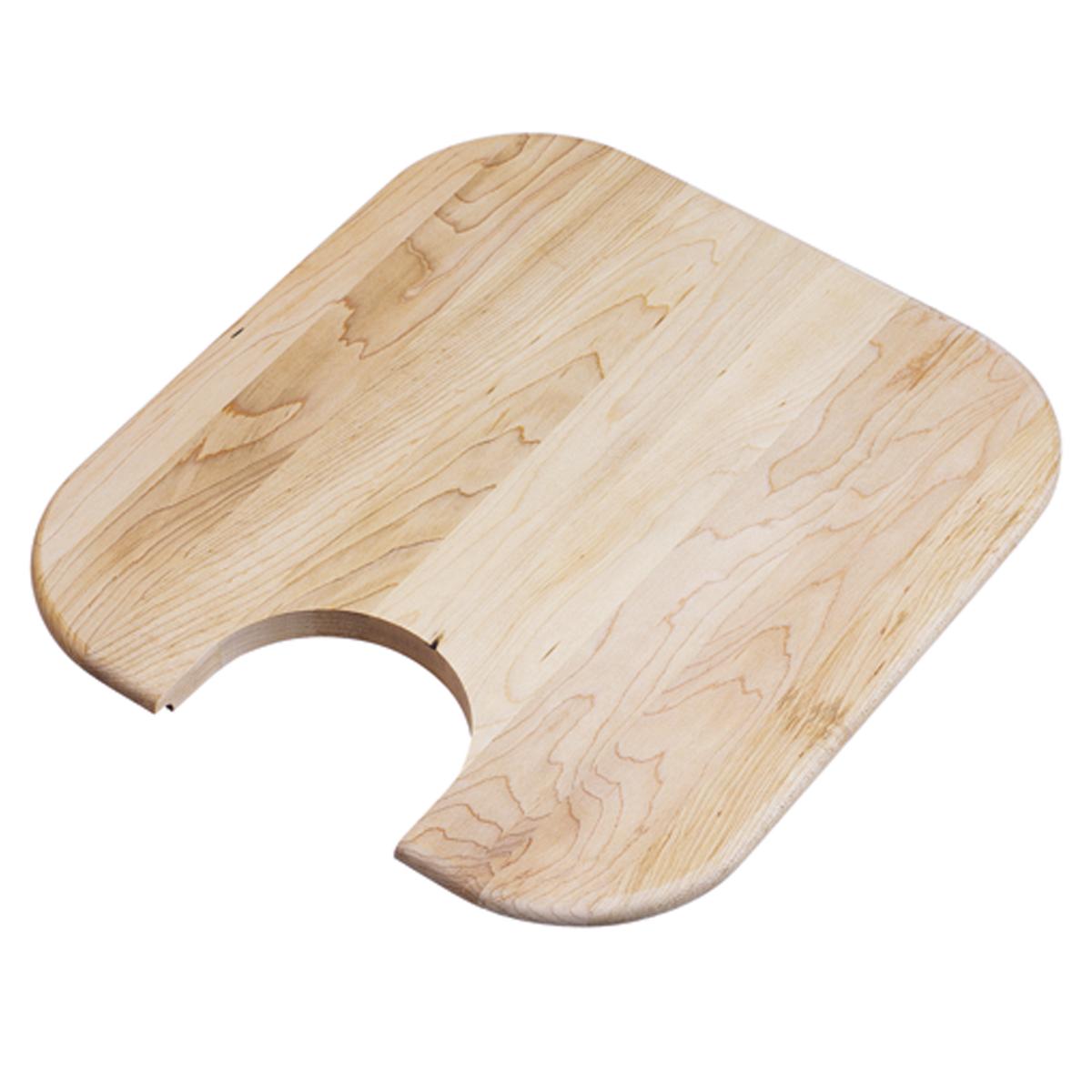 Light hardwood cutting board with rounded corners and semicircular cutout on bottom left side.