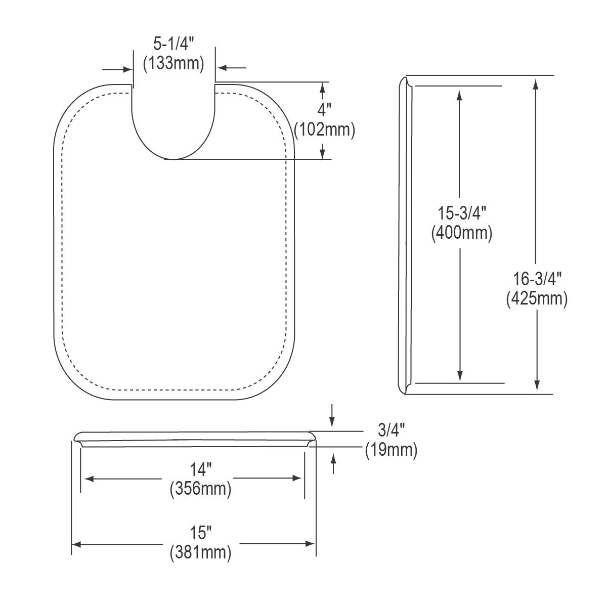 Hardwood cutting board with curved handle cutout and rounded corners, shown in top, side, and bottom views with dimensions.