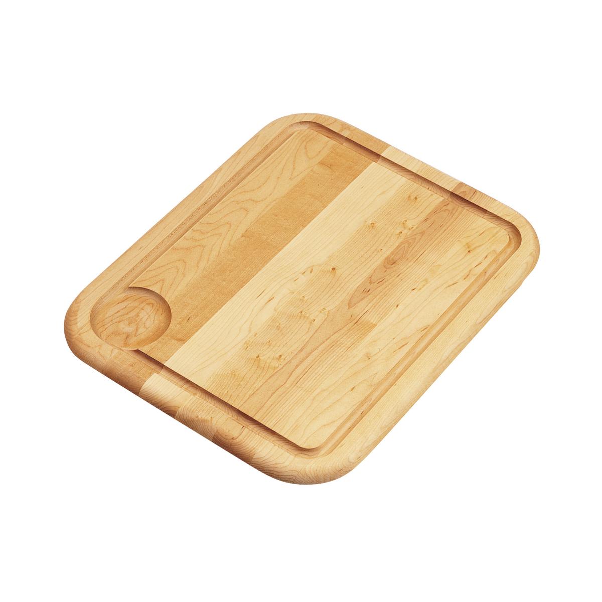 Rectangular light wood cutting board with rounded edges and a circular handle cutout on the left side.