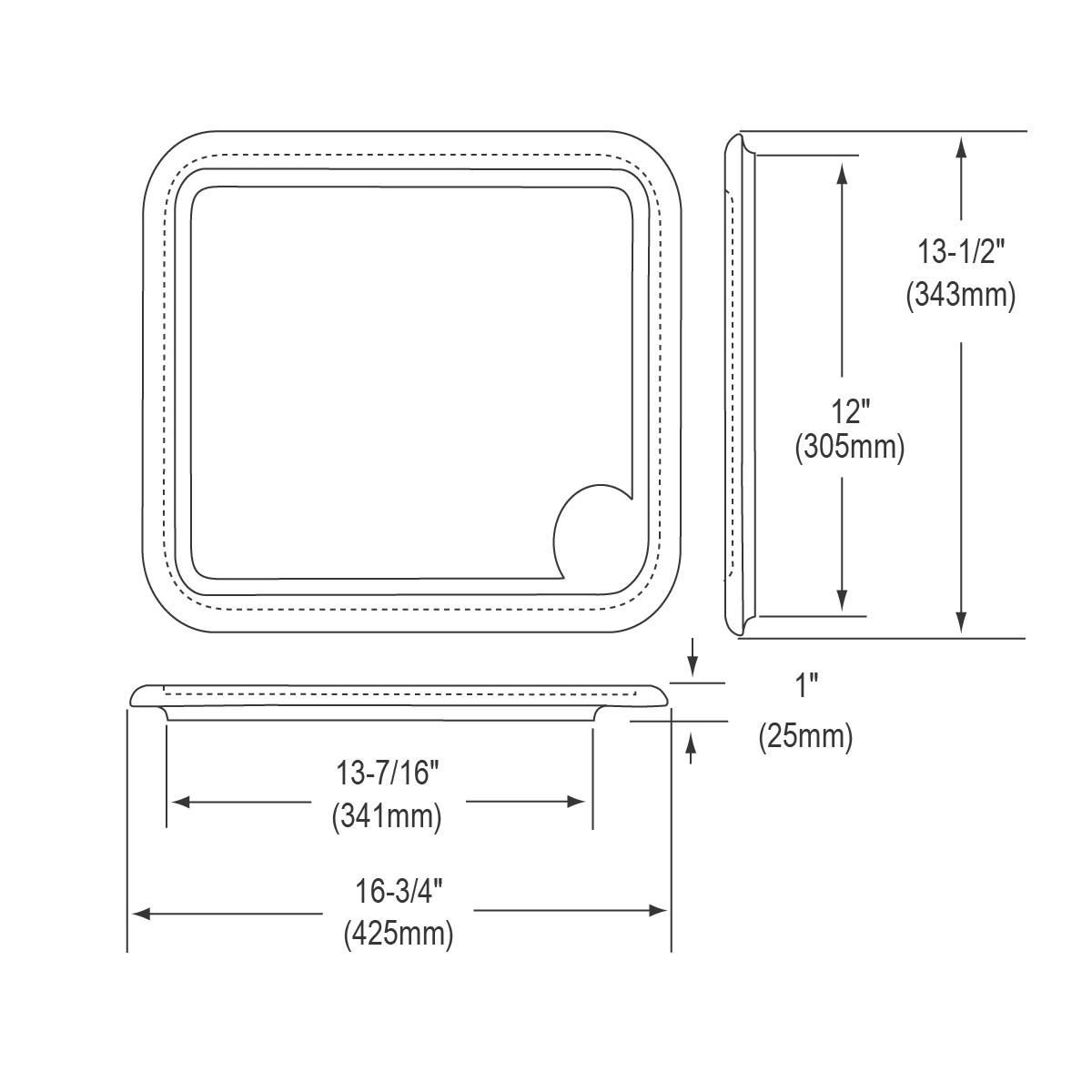 Hardwood cutting board with rounded corners and a semicircular handle cutout, shown in top and side views with dimensions.