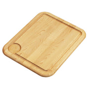 Rectangular hardwood cutting board with rounded edges and a circular handle cutout on one corner.