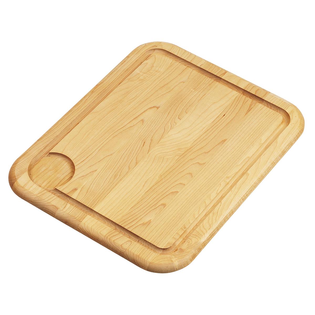 Rectangular hardwood cutting board with rounded edges and a circular handle cutout on one corner.