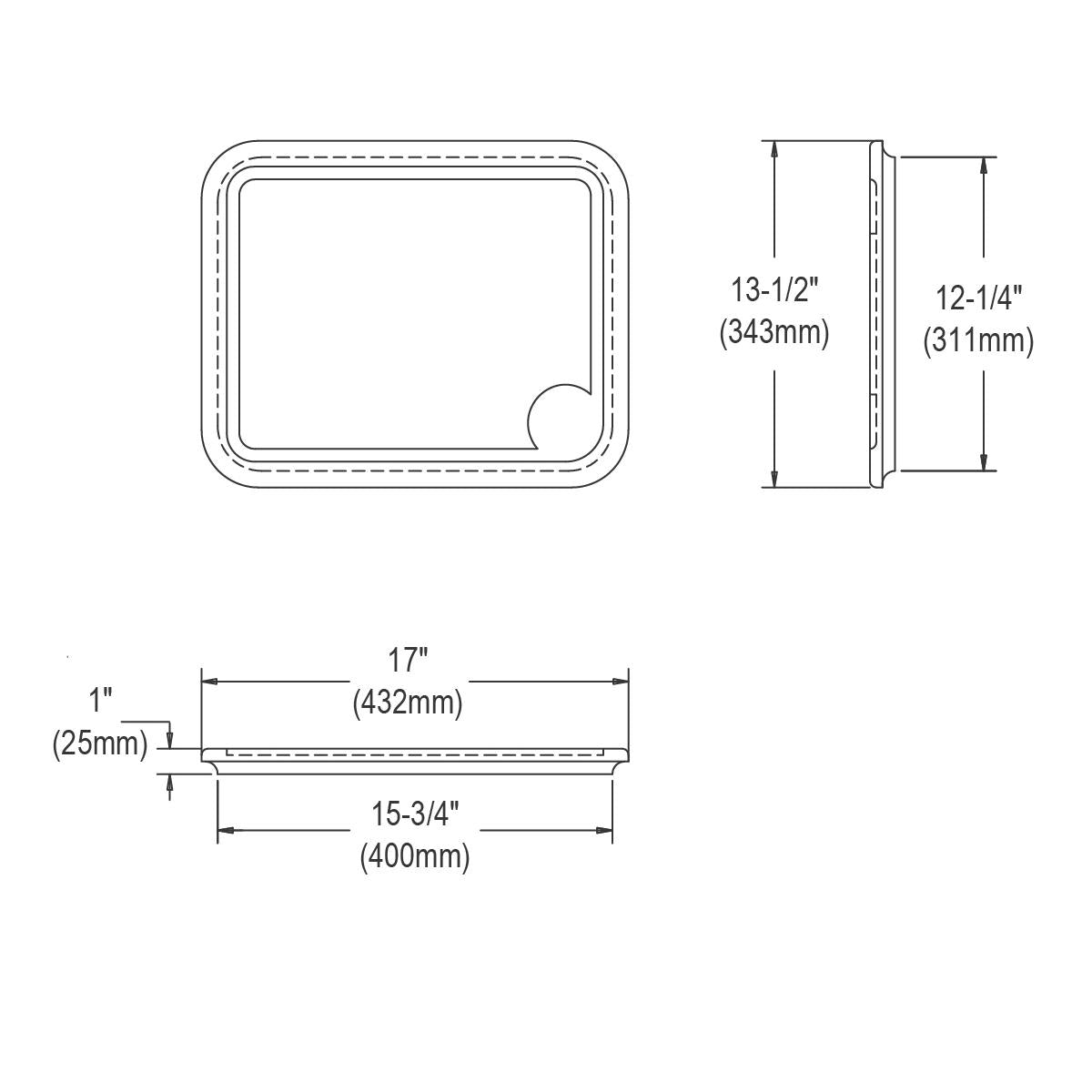 Rectangular hardwood cutting board with rounded corners and juice groove, shown in top and side technical views with dimensio