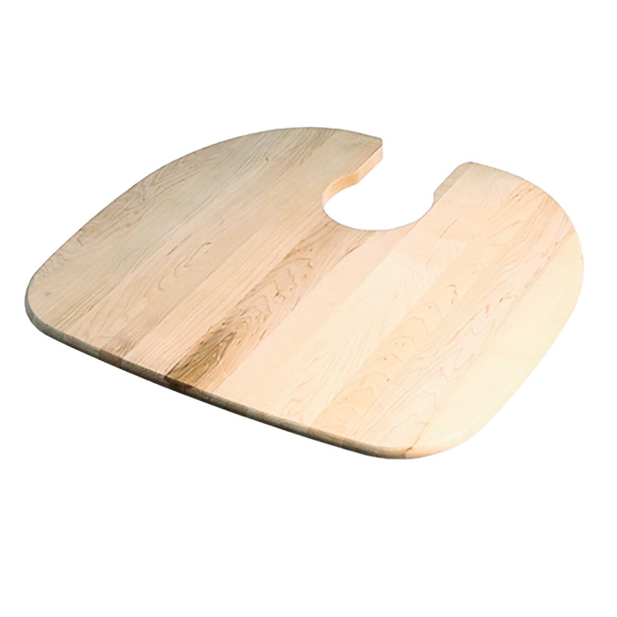 Light wood cutting board with curved handle cutout and rounded edges.