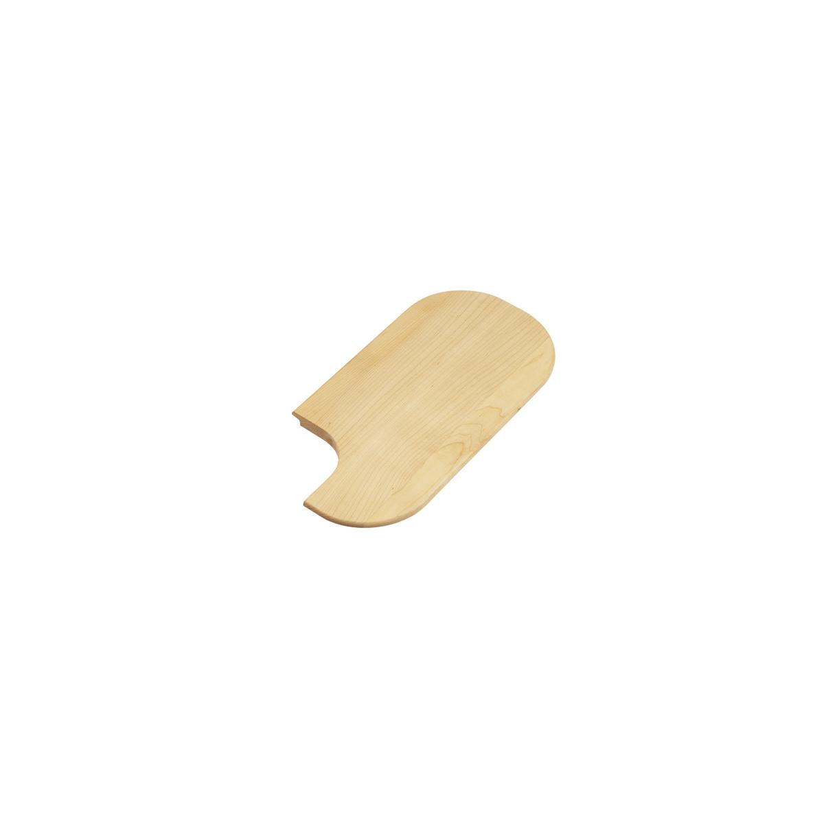 Rectangular light wood cutting board with rounded corners and a handle cutout on one side.