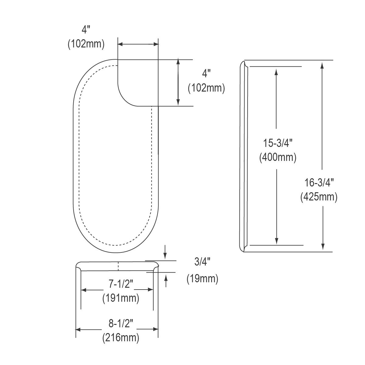 Hardwood cutting board with rounded edges and center cutout, shown in top, side, and end views with dimensions.