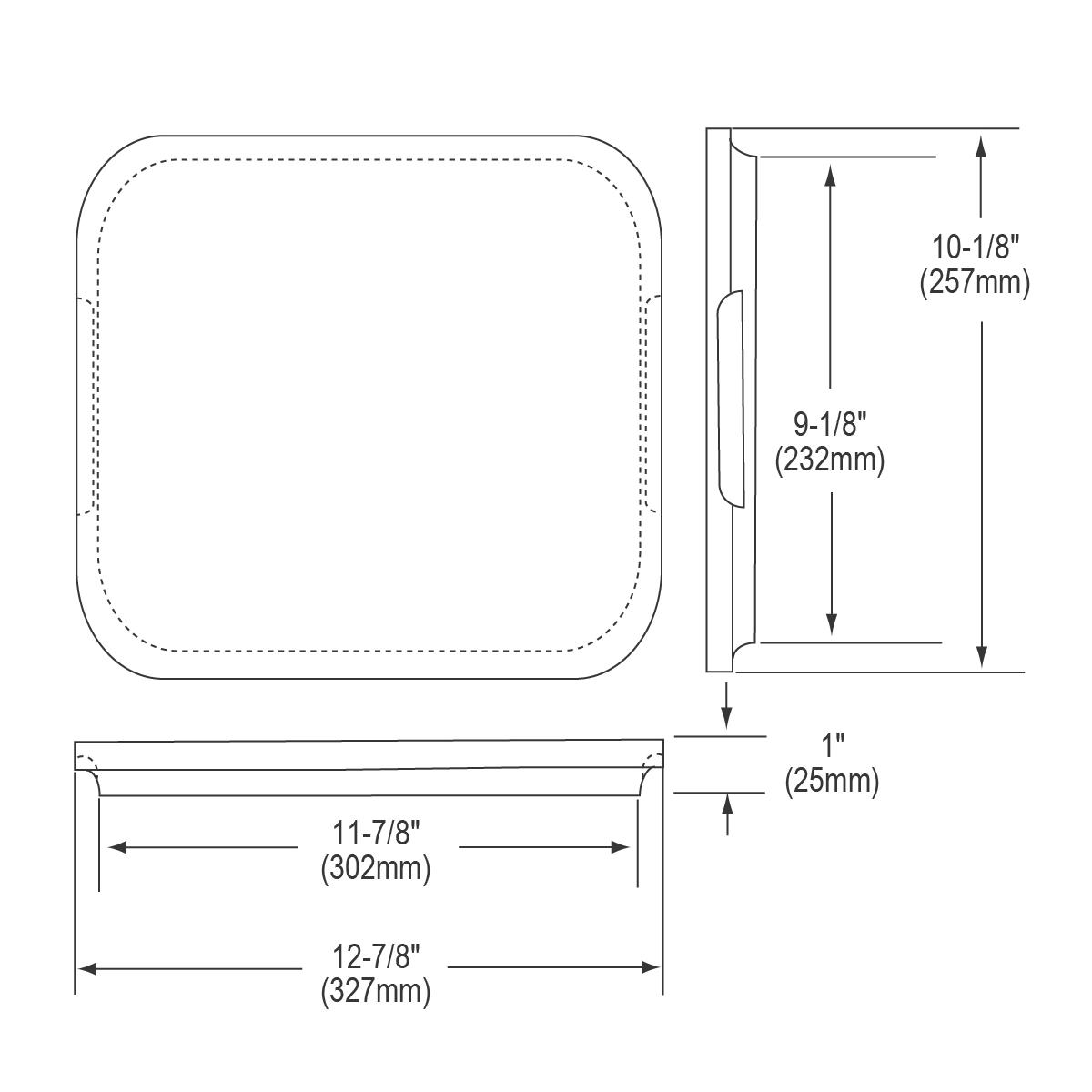 Rectangular hardwood cutting board with rounded corners, handle cutout, and 1-inch thickness shown in top, side, and bottom v