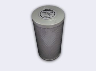 Cylindrical gray carbon block filter cartridge with white top cap and label, 4.5 x 10 inches.