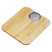 Light wood cutting board with rounded corners and a stainless steel circular sink opening.