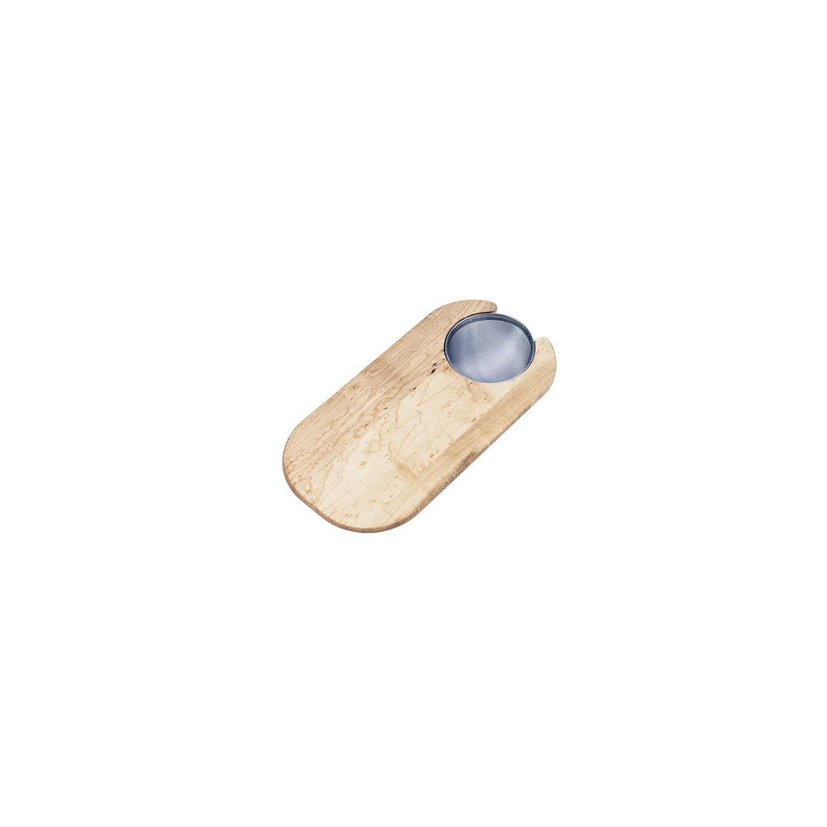 Rectangular hardwood cutting board with rounded ends and a circular metal bowl inset on one end.