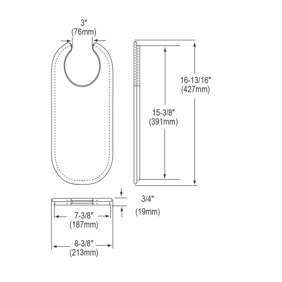 Hardwood cutting board with rounded edges and metal handle ring at top, shown in technical dimension drawings.
