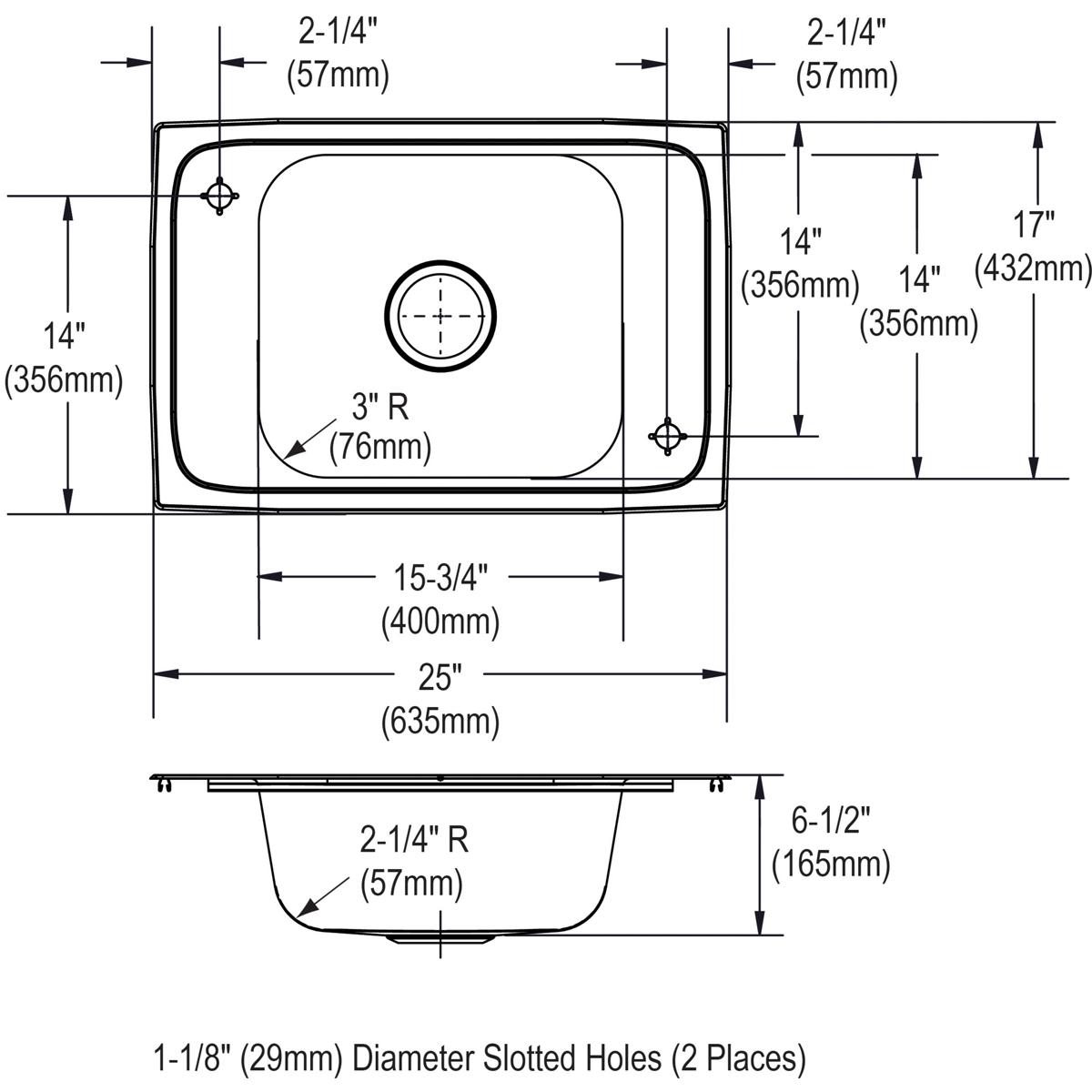 Stainless steel drop-in sink with single bowl, two faucet holes, and technical dimensions marked for installation.