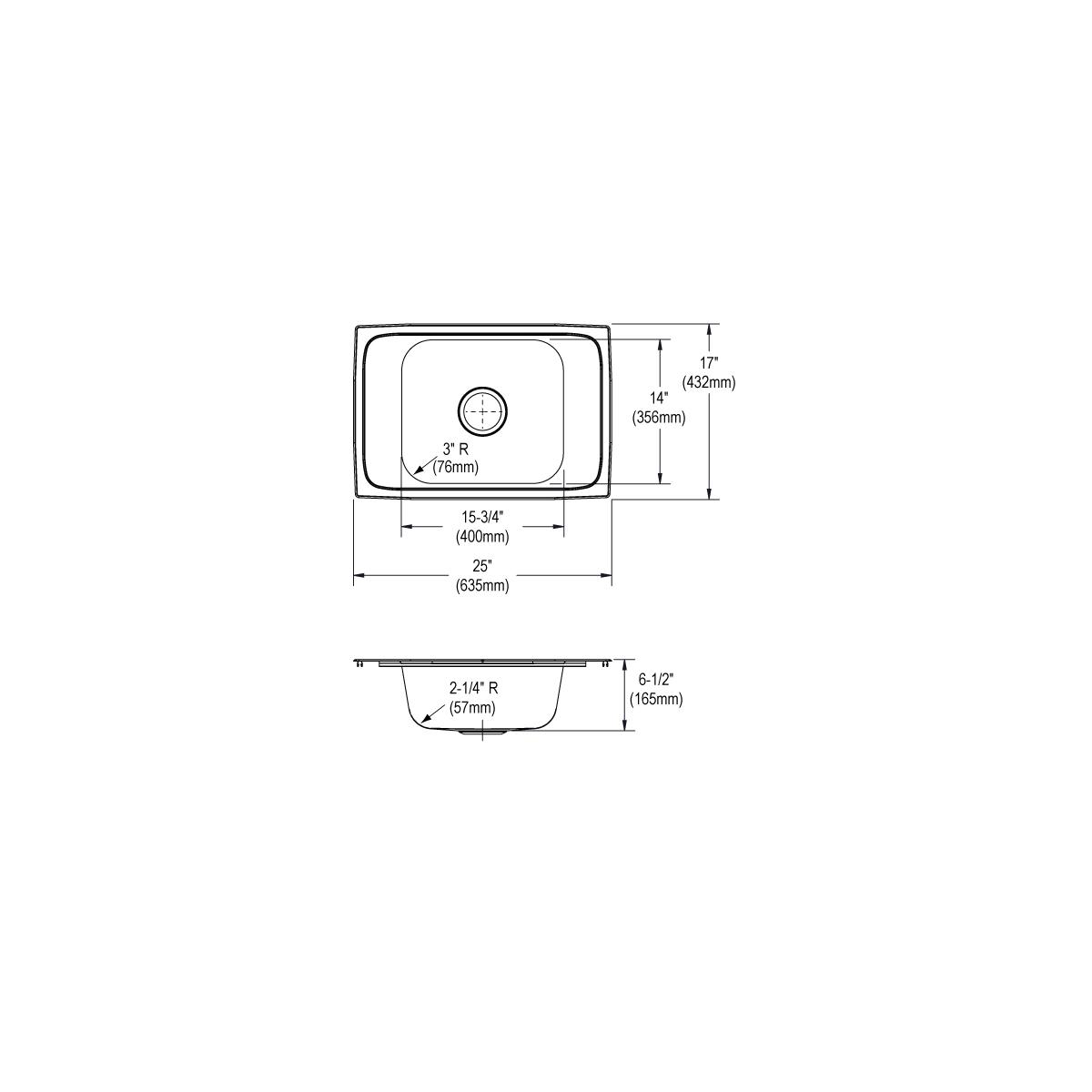 Stainless steel single bowl drop-in sink with two faucet holes and rounded corners, shown in top and side profile views with 
