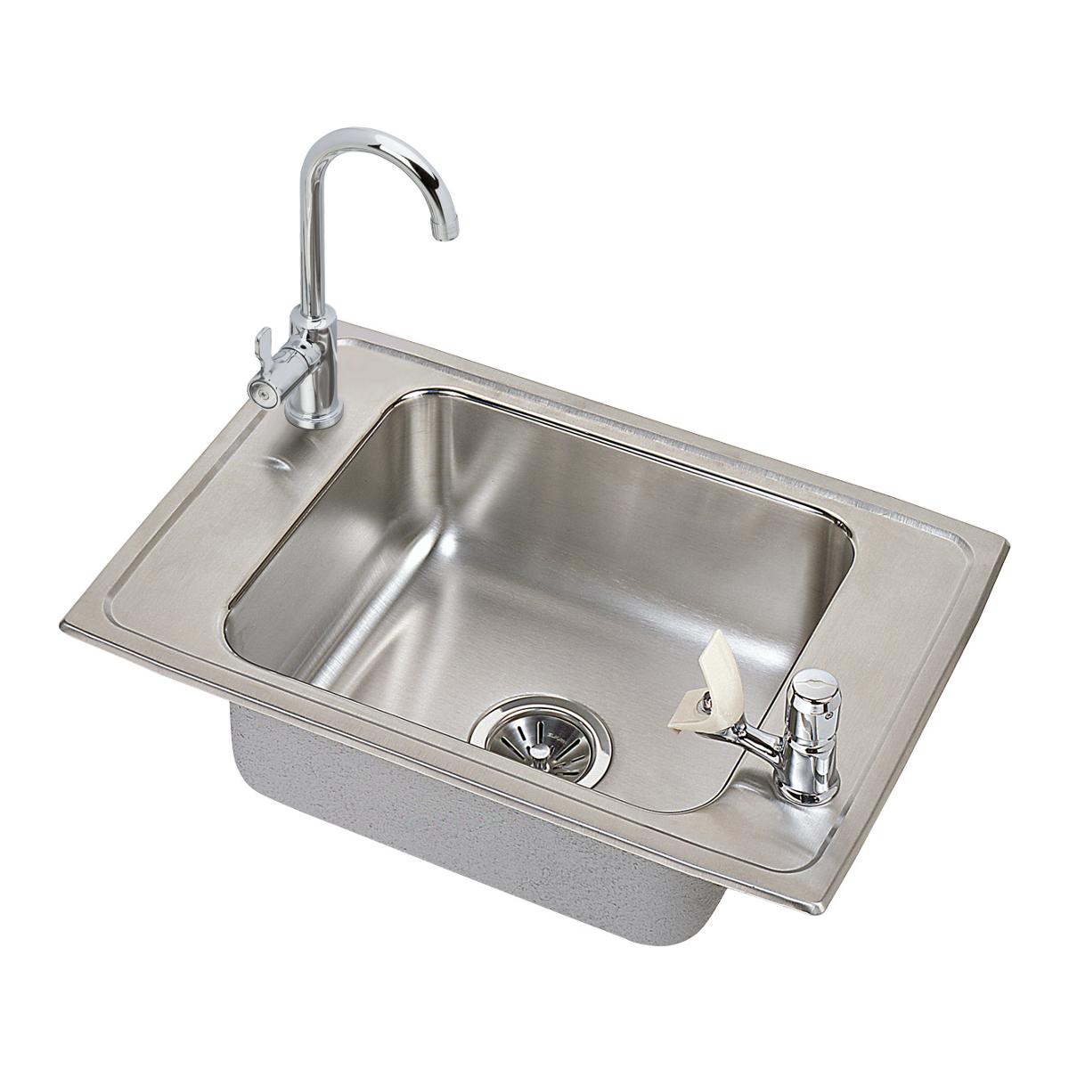 Stainless steel drop-in sink with single bowl, two faucet holes, and chrome gooseneck faucet with dual handles.