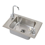 Stainless steel drop-in sink with single bowl, two faucet holes, and chrome gooseneck faucet with dual handles.