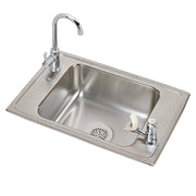 Stainless steel drop-in sink with single bowl, gooseneck faucet, and two faucet holes for classroom use.