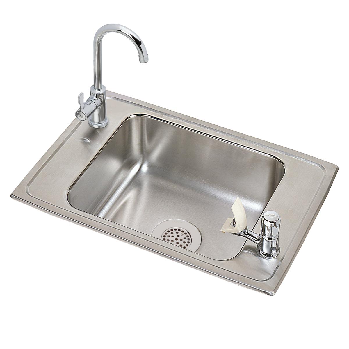 Stainless steel drop-in sink with single bowl, gooseneck faucet, and two faucet holes for classroom use.