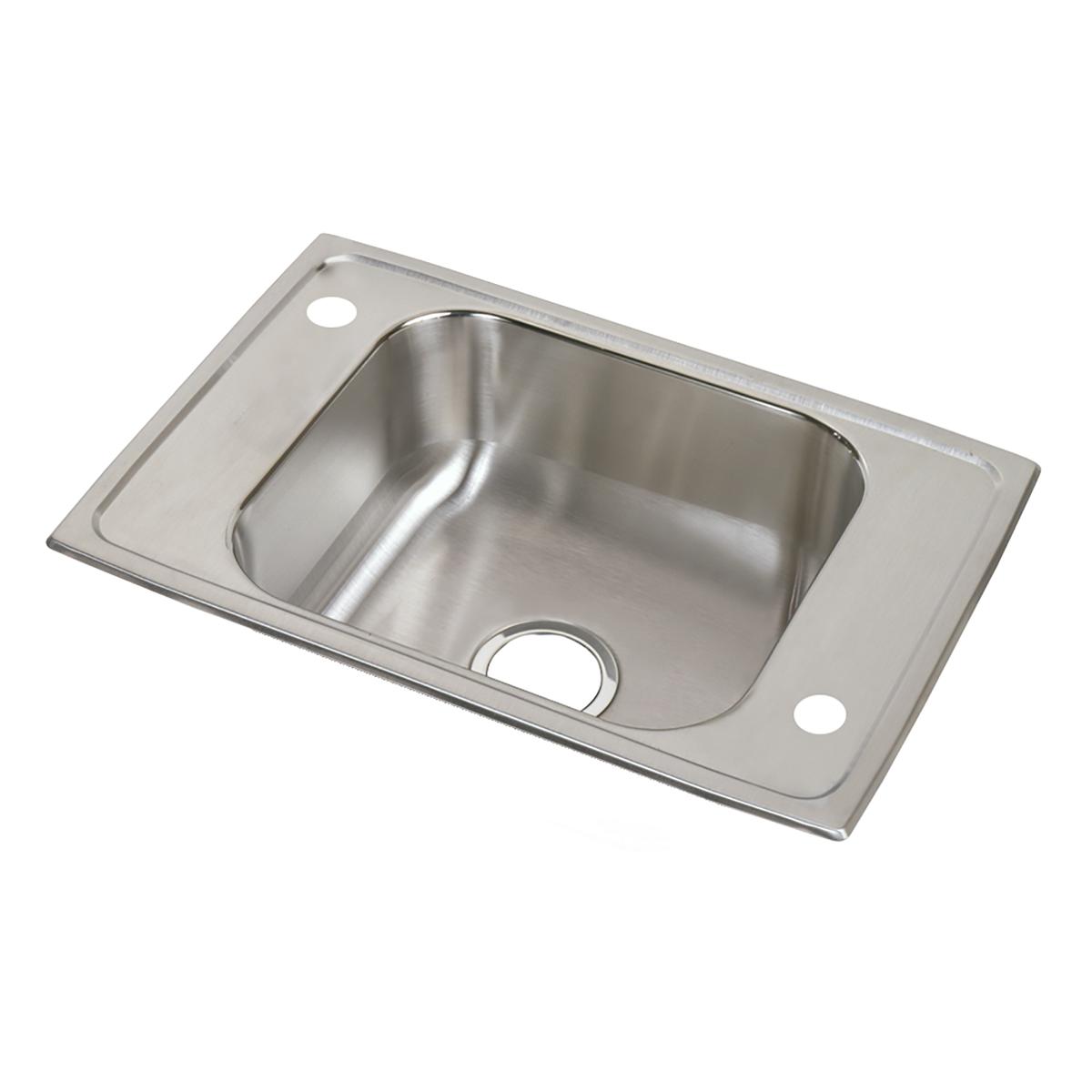 Stainless steel drop-in sink with single bowl and three mounting holes on rim.