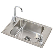 Stainless steel drop-in sink with single bowl, gooseneck faucet, and bubbler dispenser on right side.