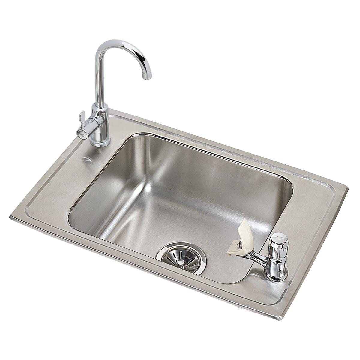 Stainless steel drop-in sink with single bowl, gooseneck faucet, and bubbler dispenser on right side.
