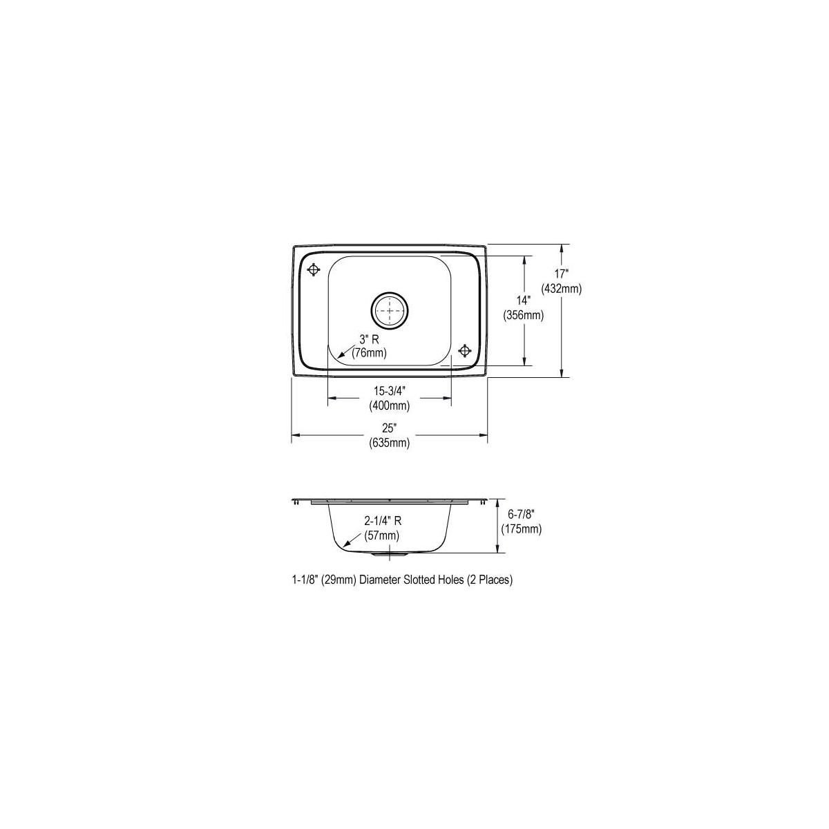 Stainless steel single bowl sink with rounded corners and two mounting holes, shown with top and side dimension diagrams.