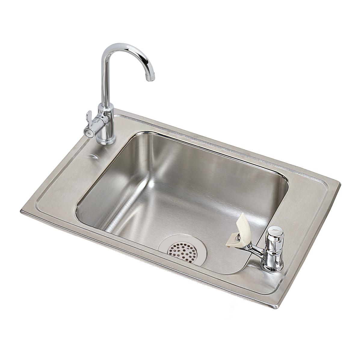 Stainless steel drop-in sink with single bowl, drain strainer, and chrome faucet with curved spout and lever handles.