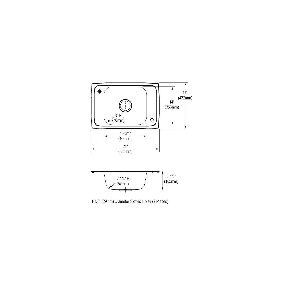 Stainless steel drop-in sink with single bowl and two mounting holes, shown with top and side views and dimensions.