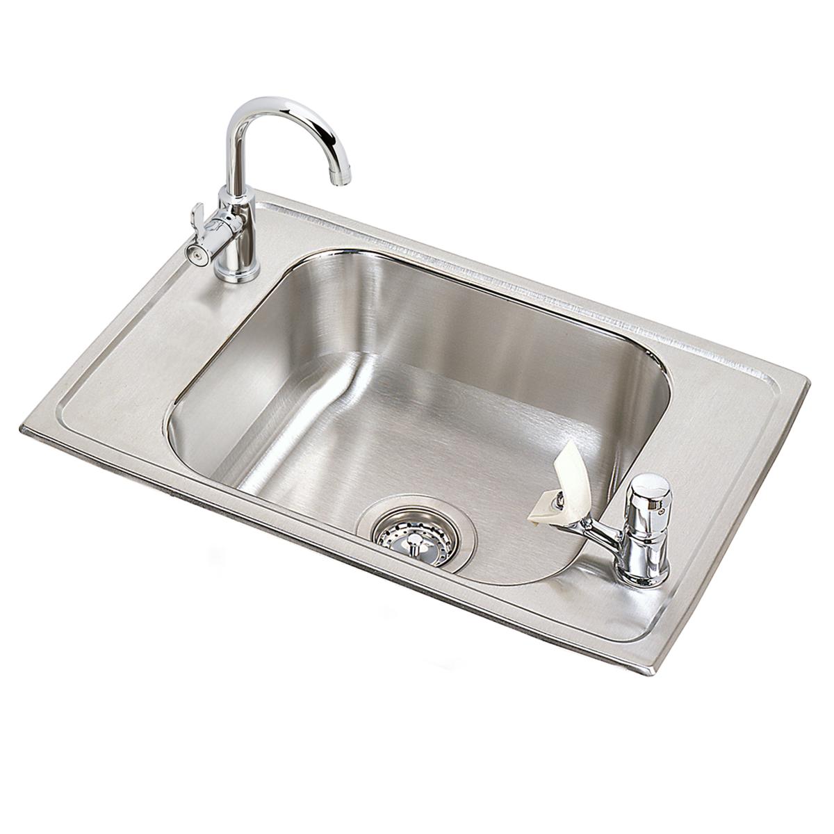Stainless steel drop-in sink with single bowl, drain basket, curved faucet, and bubbler on right side.