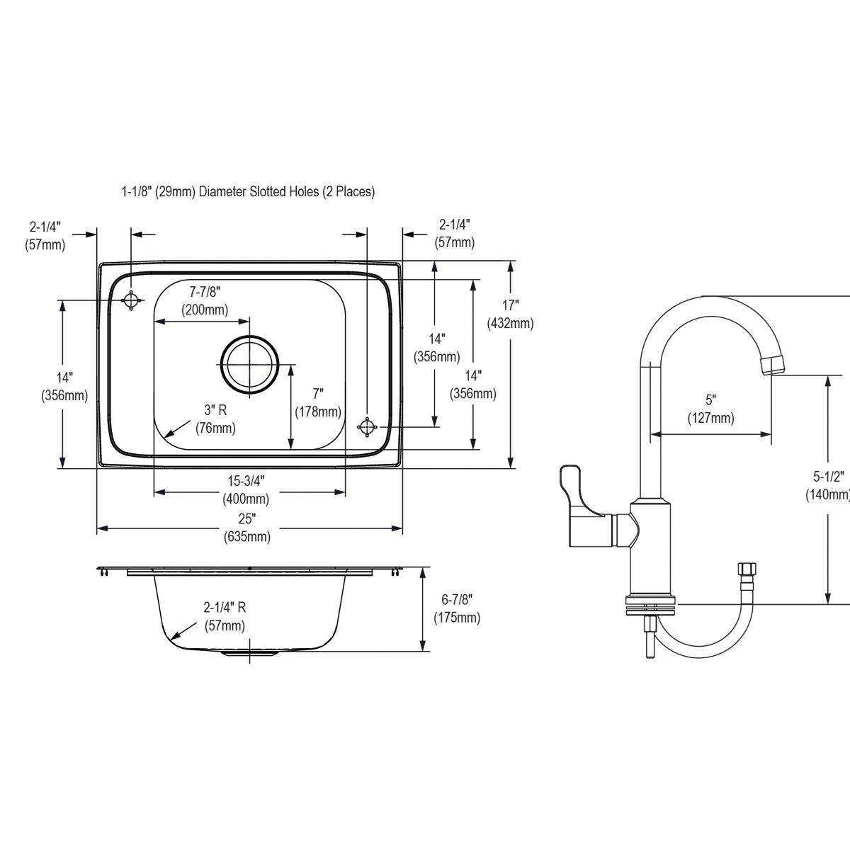 Technical drawing showing top view, side view, and faucet specifications for a stainless steel drop-in sink with dimensions a