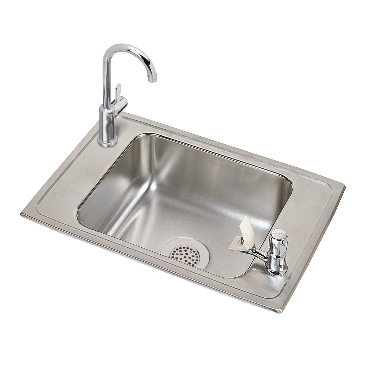 Stainless steel drop-in sink with single bowl, chrome faucet, and vandal-resistant bubbler on right side.