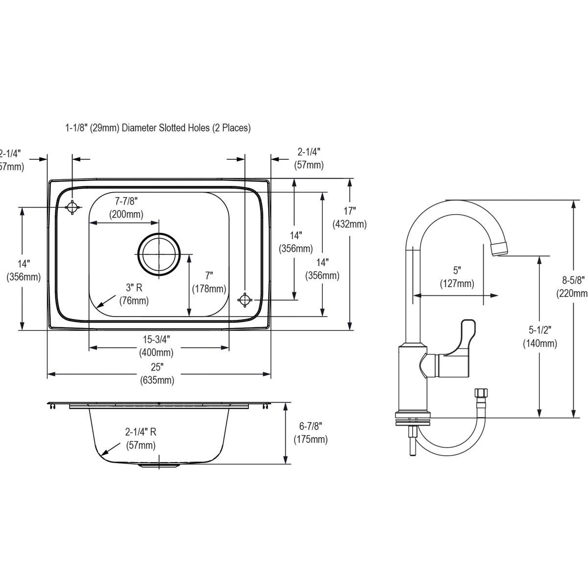 Stainless steel drop-in sink with single bowl and two faucet holes, shown with technical dimensions and matching tall arc fau