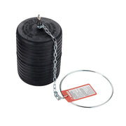 Black cylindrical test-ball plug with metal stem, chain, and metal retaining ring with red tag attached.