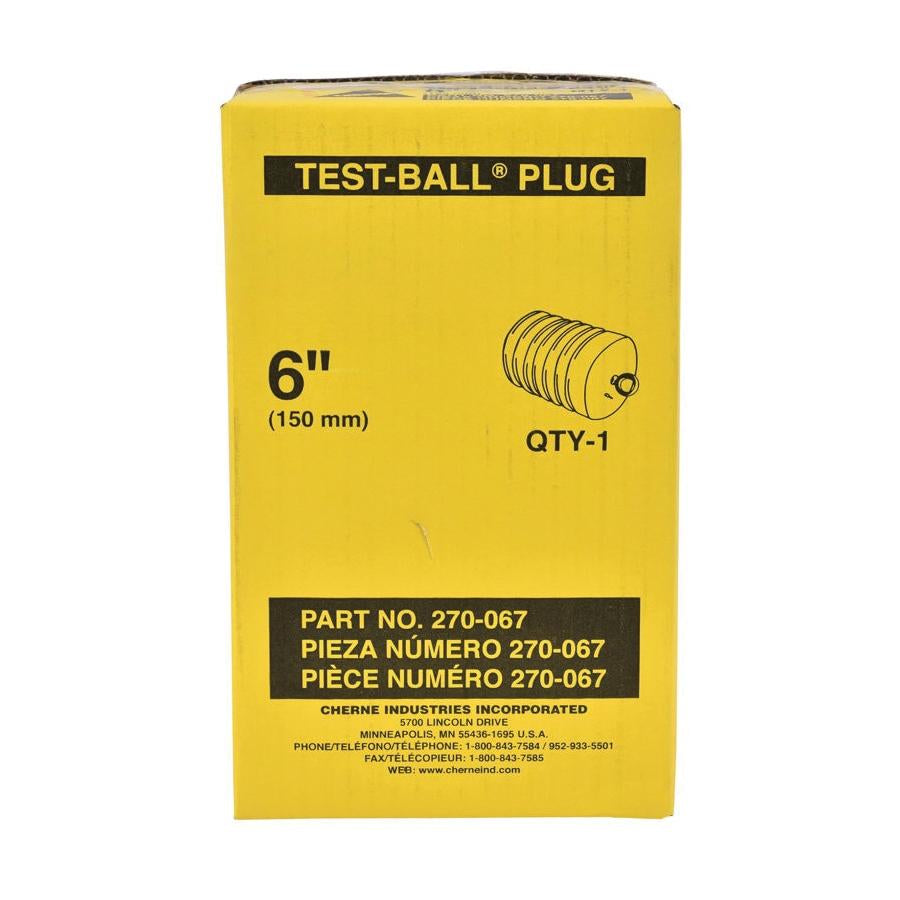 Yellow box packaging for 6-inch Test-Ball plug with threaded cylindrical plug illustration and black text labels.