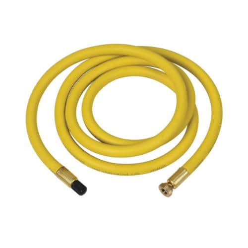 Yellow inflation/extension hose coiled with brass fittings on both ends.