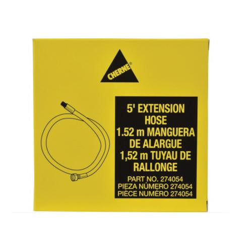 Coiled yellow hose with connector on bright yellow packaging labeled "5' Extension Hose" with Cherne branding.