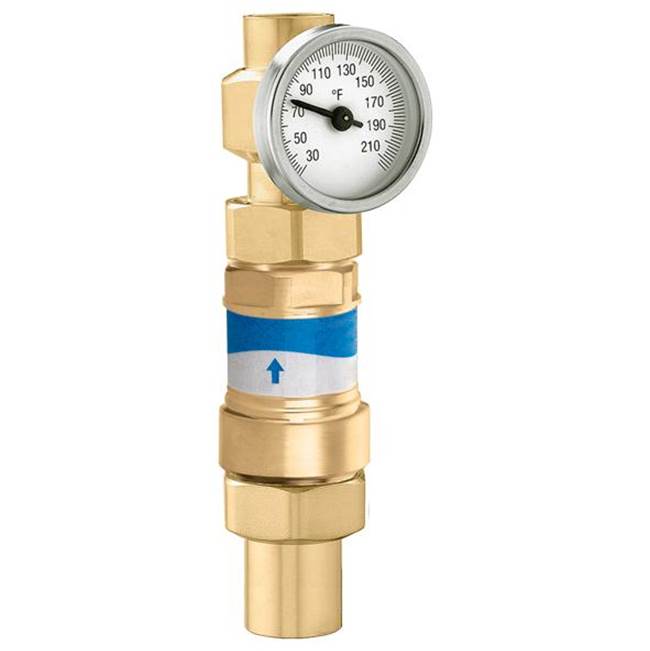 Brass pressure and temperature valve assembly with dial gauge reading 30-210°F and blue flow indicator band.