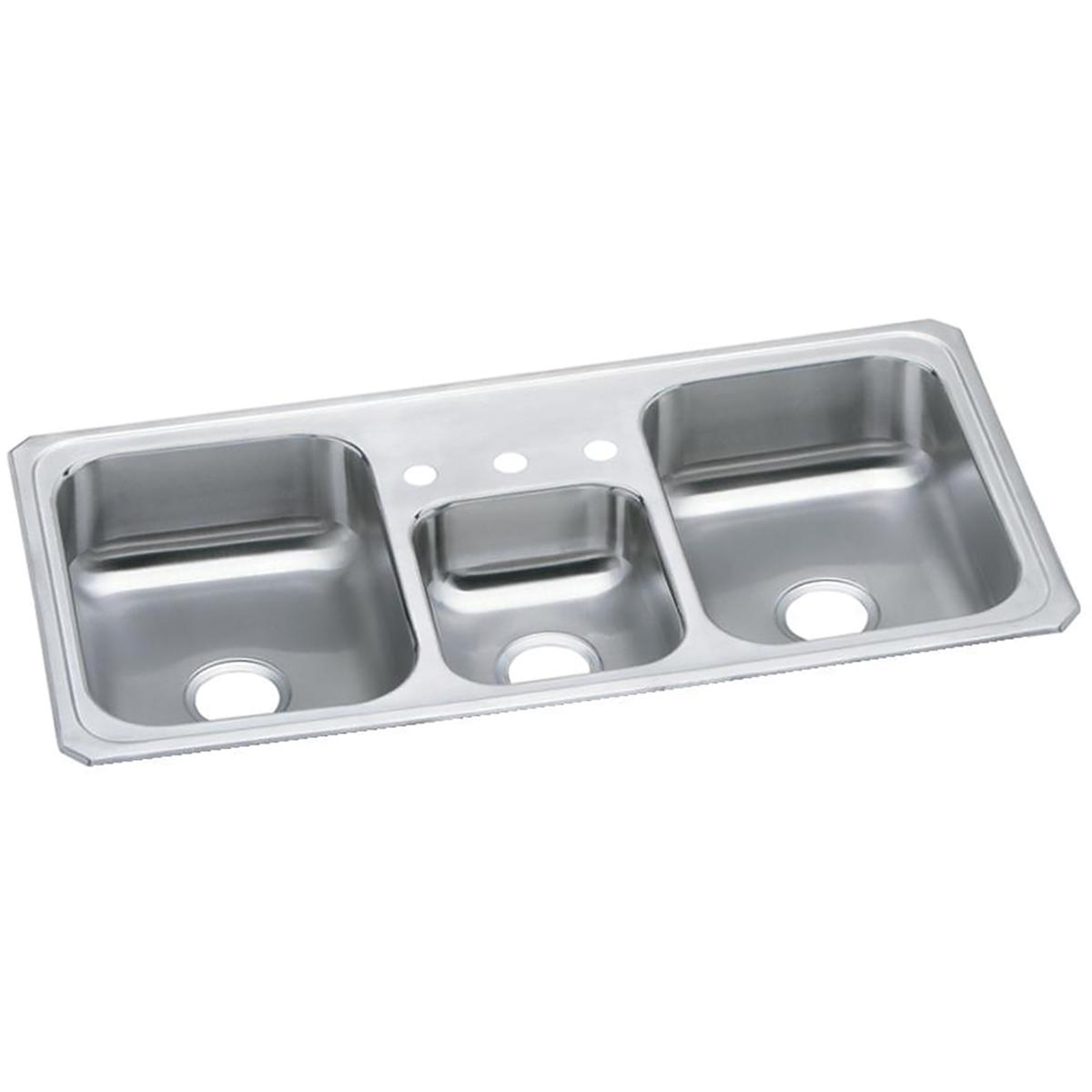 Stainless steel triple bowl drop-in sink with three pre-drilled holes across the rim.