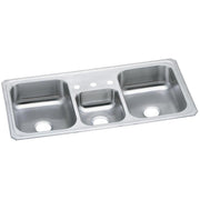 Stainless steel triple bowl drop-in sink with three pre-drilled holes across the rim.