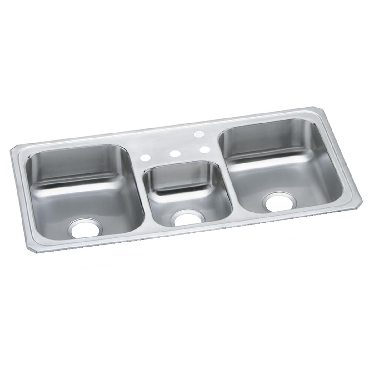 Stainless steel drop-in sink with three bowls of varying sizes and one faucet hole on the rim.