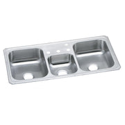 Stainless steel drop-in sink with three rectangular bowls and drainage holes.