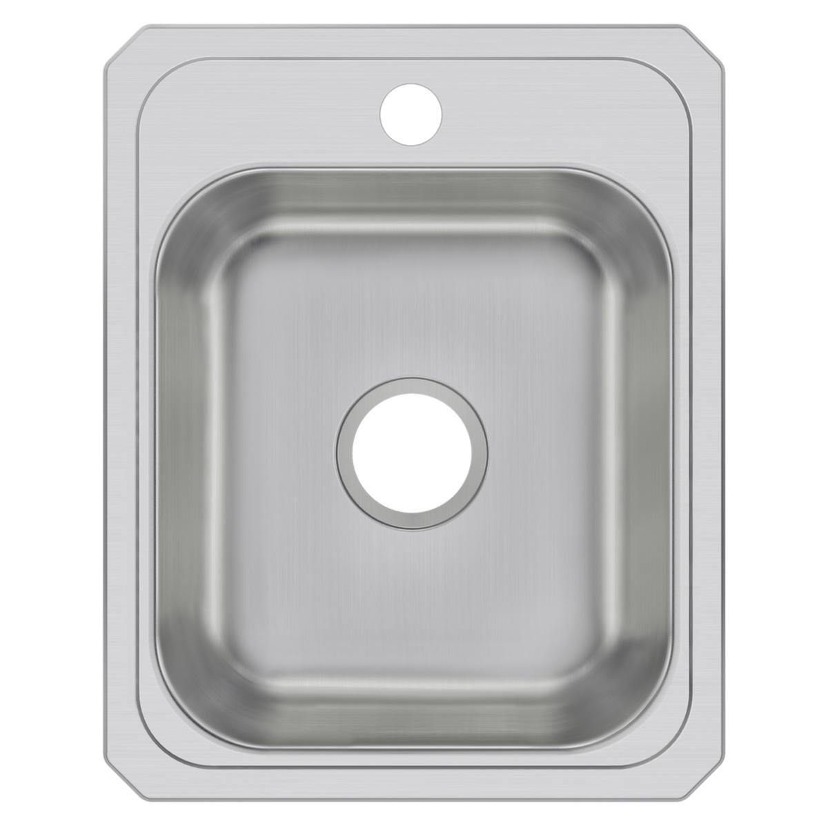 Stainless steel drop-in sink with single bowl, one faucet hole, and rounded corners.