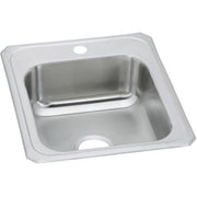 Stainless steel drop-in sink with single bowl, one faucet hole, and white rim on gray background.