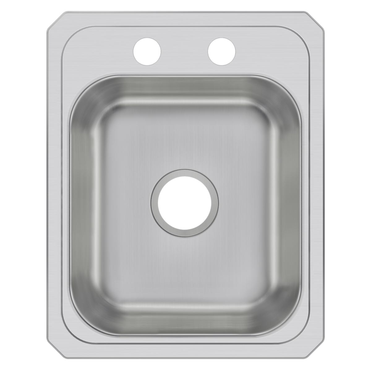Stainless steel drop-in sink with single bowl, two faucet holes at top, and brushed finish.