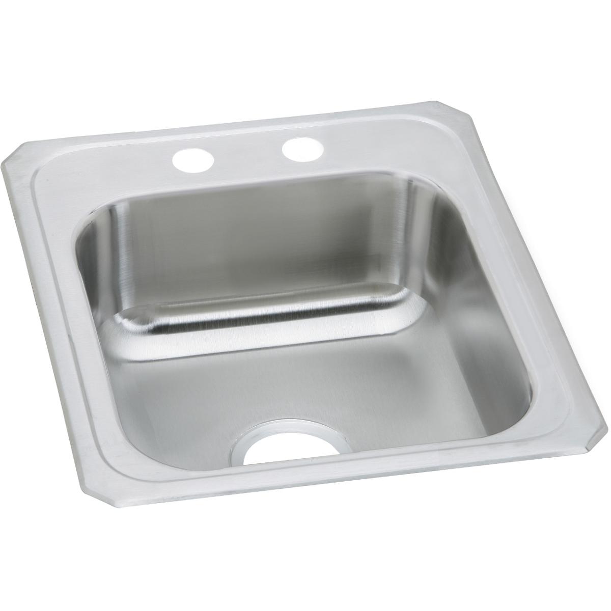 Stainless steel drop-in sink with single bowl, two faucet holes, and brushed finish interior.