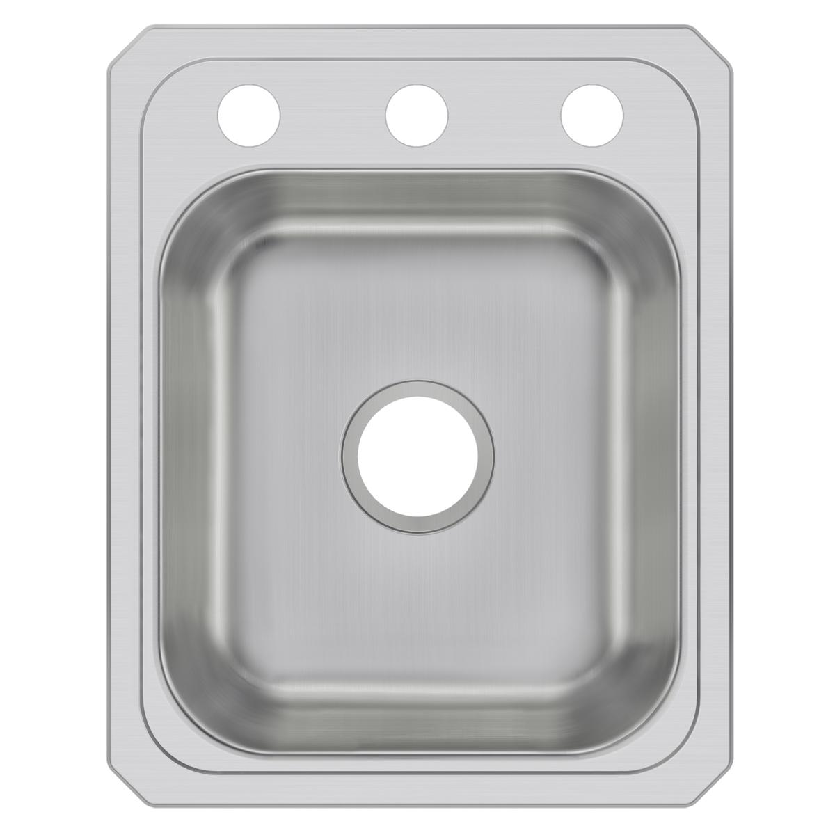 Stainless steel drop-in sink with single bowl and three mounting holes in rim.
