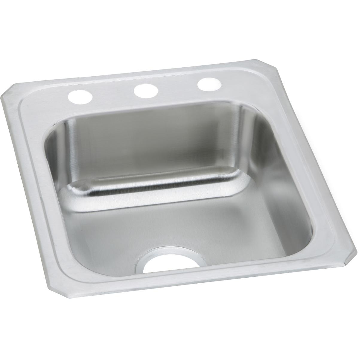 Stainless steel drop-in sink with single bowl and three holes along white rim for faucet installation.